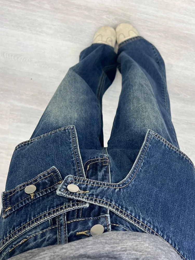 Blauwe denim jeans met wijde pijpen dames herfst nieuw ontwerp faionable gordijn rechte vloerlengte broek splitsen ket ontwerp