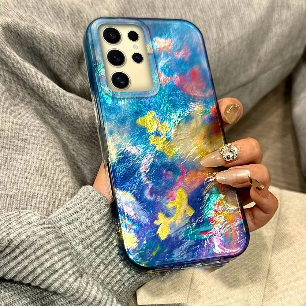 

Blue Golden Lucky Koi Pattern Glacier Texture Phone Cases For Samsung Galaxy S24 Ultra S25 S26 Plus S22 S23 FE S22 S21 20 Cover