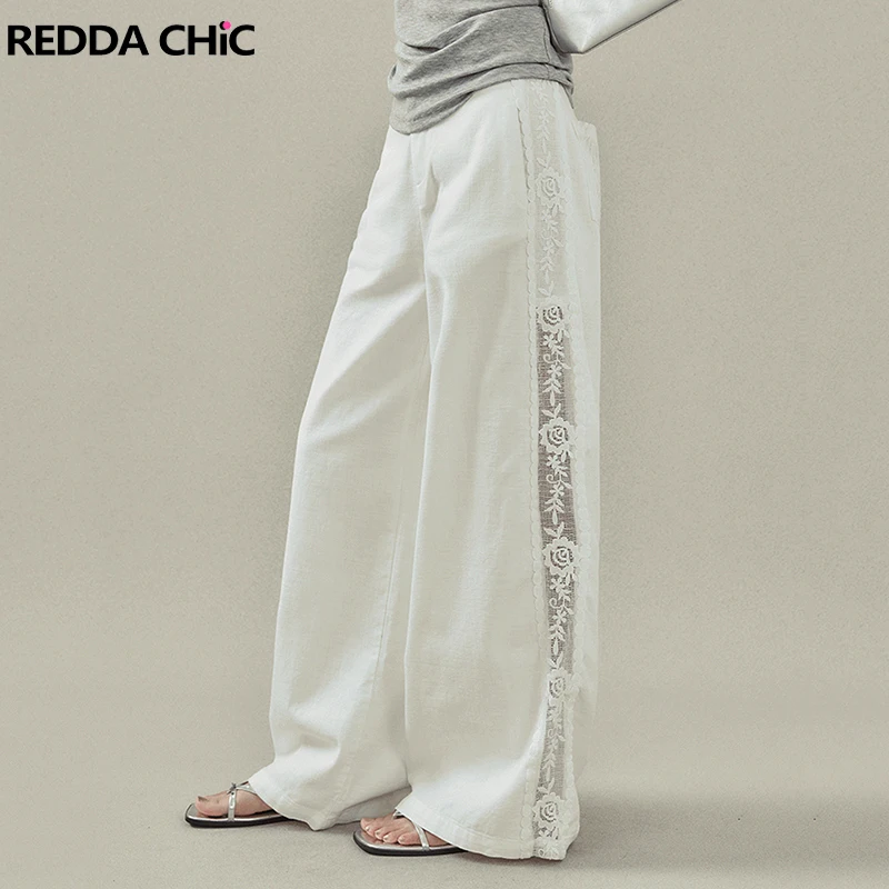 

REDDACHiC кружевные полые белые брюки в богемном стиле для отпуска в стиле пэчворк, хлопковые широкие брюки с высокой посадкой, корейская модная летняя женская одежда