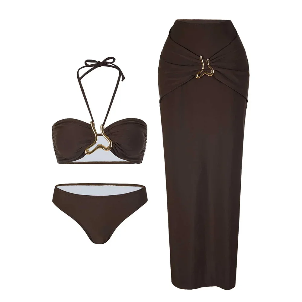 ชุดบิกินี่แบบ Bandeau 3 ชิ้น ชุดว่ายน้ำเซ็กซี่สำหรับผู้หญิง ชุดเดรสยาว ชุดว่ายน้ำ ชุดคลุมชายหาด สำหรับผู้หญิง รุ่นใหม่ ปี 2025