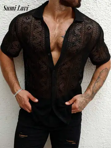 2025 Summer Trendy Mens Mesh Shirts Stylish Short Sleeve Hollow Out Mesh Shirt Vacation Men Sexy See Through Lace Cardigan Tops