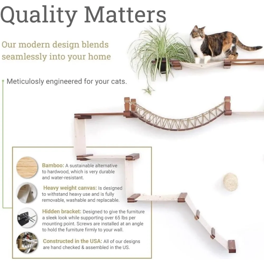 Bamboo Cat Tree with Hammock and Wall-Mounted Shelves - Canvas Fabric Cat Furniture