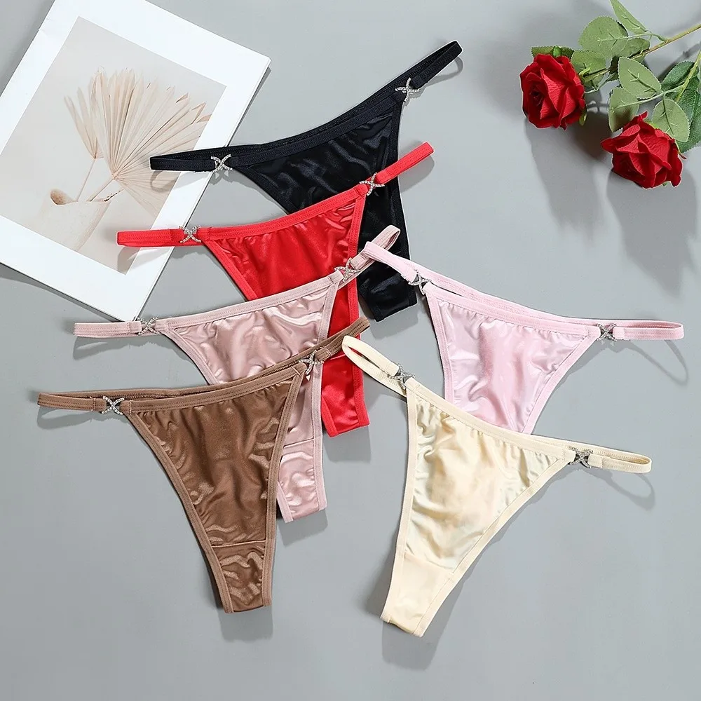 

Breathable Cotton Crotch Glossy Satin Thongs Low Waist Traceless Bikini Briefs Solid Color Underpants T-back Panties Daily Wear