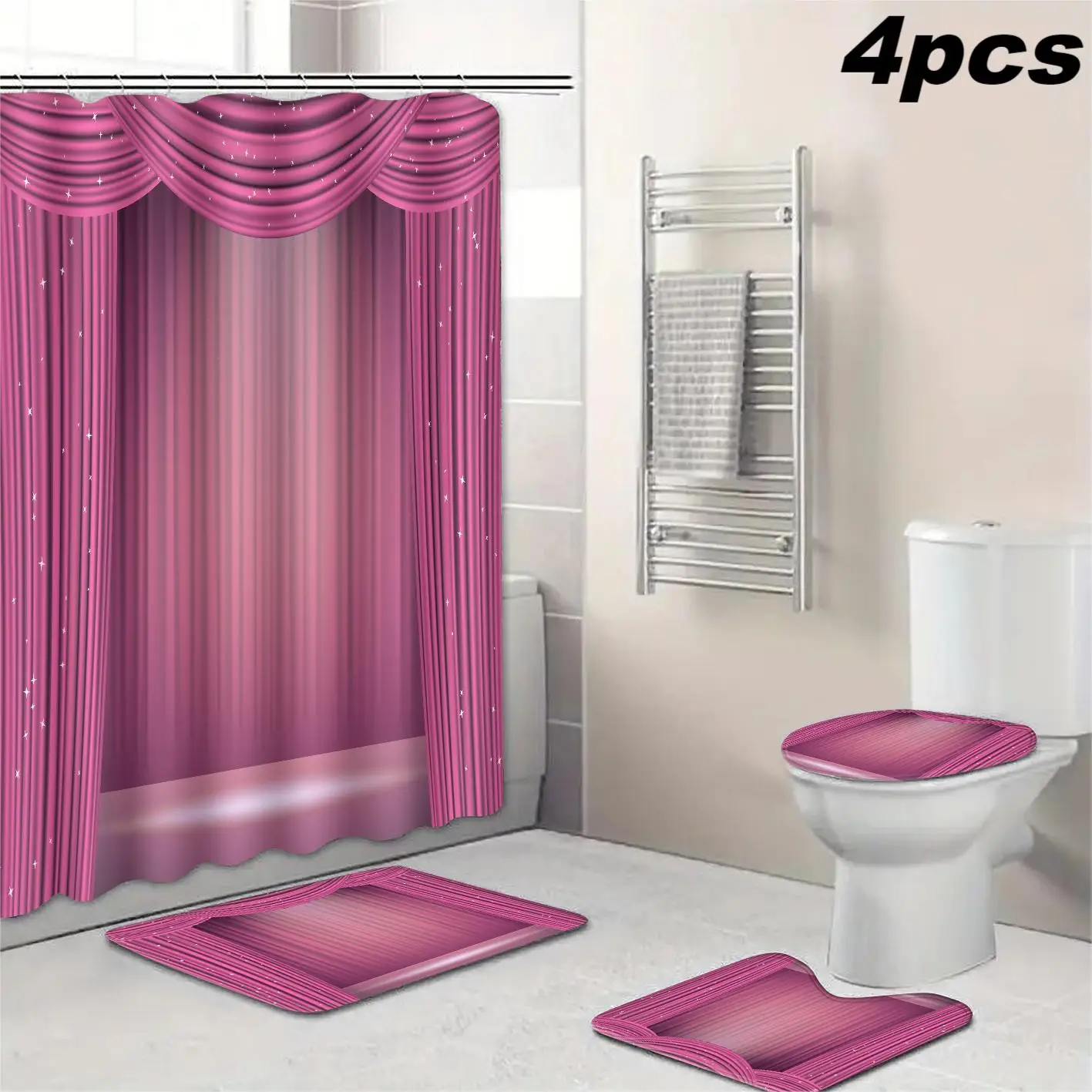 1pc/4pcs star stage shower curtain, polyester waterproof and mold-proof flash bathroom set accessories