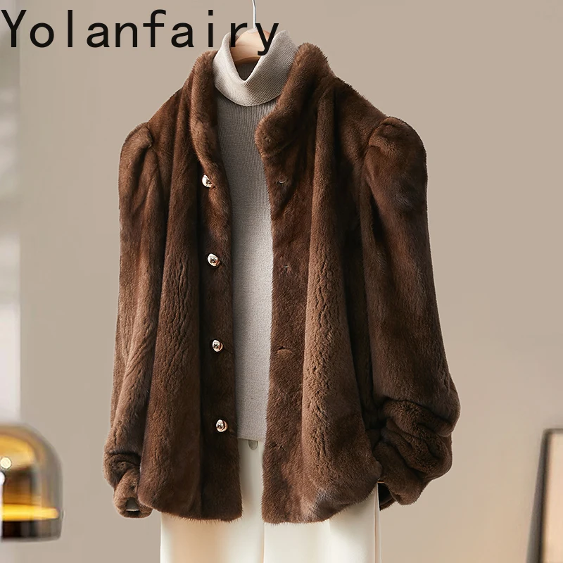 YOLANFAIRY 천연 밍크 퍼 자켓 여성용 2025 가을 겨울 짧은 천연 퍼 코트 여성용 스탠드 칼라 긴 소매 퍼 코트