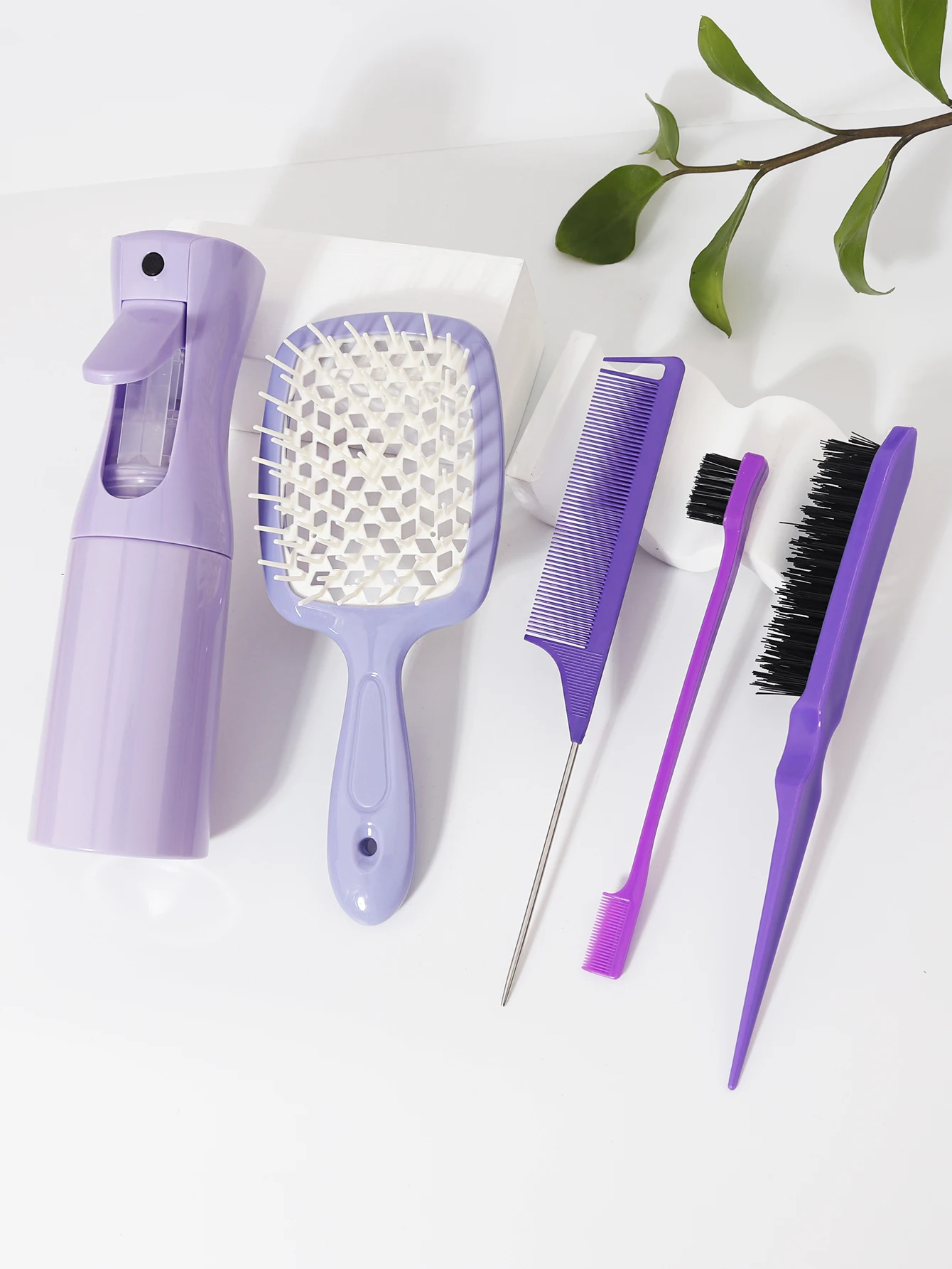 5 pieces/set of hair tool set, hollow comb, rat tail comb, tease comb, edge control comb, hair spray bottle image 2