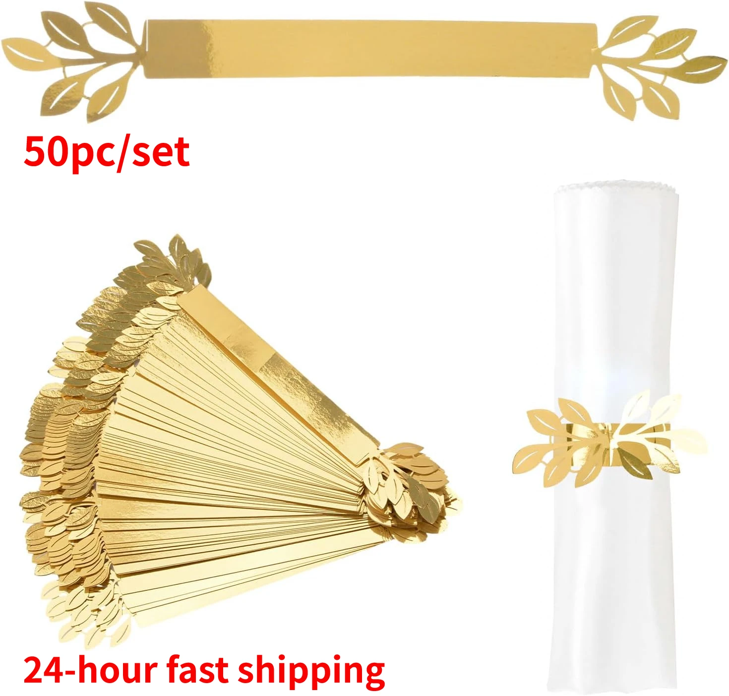 Image of 50 Stück Serviettenschnallen mit goldenen Blättern, reflektierende goldblattförmige Serviettenhalterringe aus Papier für die Tischdekoration von Dinnerpartys und Feiern