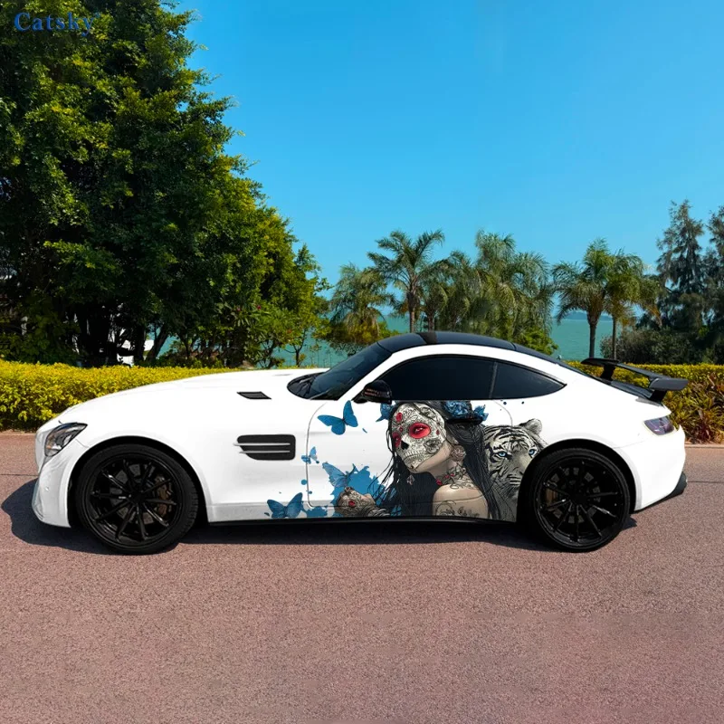 

CATSKY.2 шт. Крутые автомобильные наклейки с изображением загадочной девушки и тигра с черепами (декоративные, устойчивые к царапинам, не выцветающие)