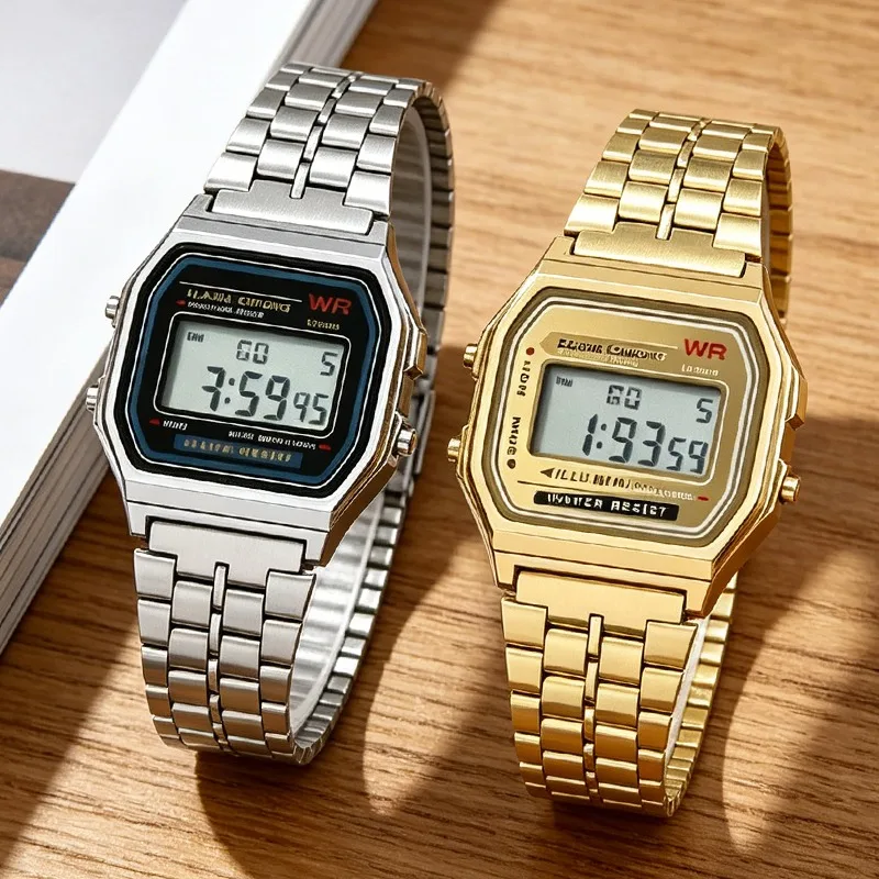 Gold Silver Digital Watch Daily Use Fashion Metal Stainless Steel LED Men Women Luxury Electronic Business Trendy Wristwatch