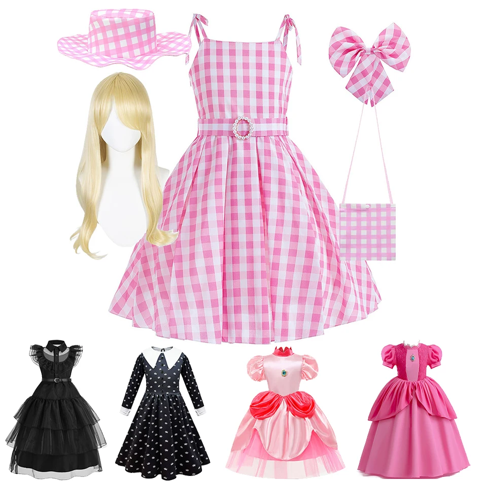 Girls Barbi Peach Costume Baby Wednesday Halloween Ruffles Disguise Kids Cosplay Dancing Layered Clothes Addams Christmas Dress