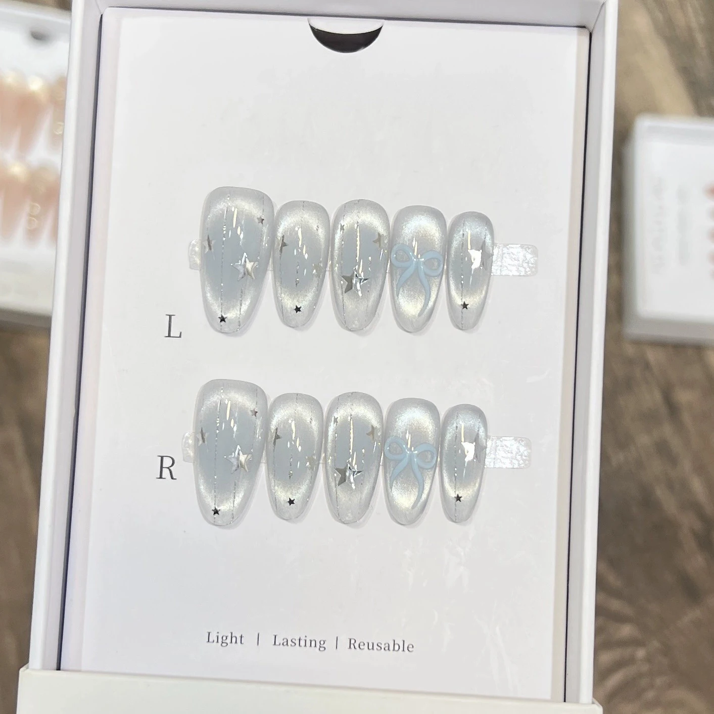 

10pc Cat Eye Almond Handmade Press on Nails Light Blue Bow Fake Nails False Nails Artificial Nail Wearable Nail Tips Art 2030