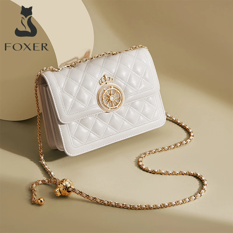 FOXER Women Crossbody Shoulder Bag Withe PU Leather Messenger Bag Chains Flap Pocket Designer Lady Stylish Lattice Classical Bag