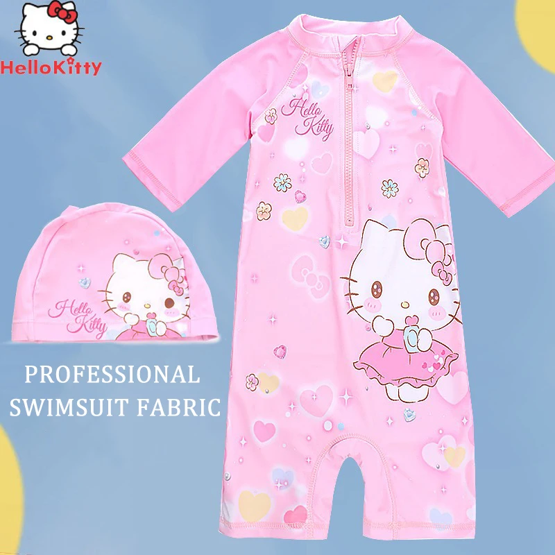 Miniso Hello Kitty Girls Bikini Cartoon Cute One-Piece Swimsuit Cap Set Children Swimwear Baby Bathing Dress Kids Swiming Skirt