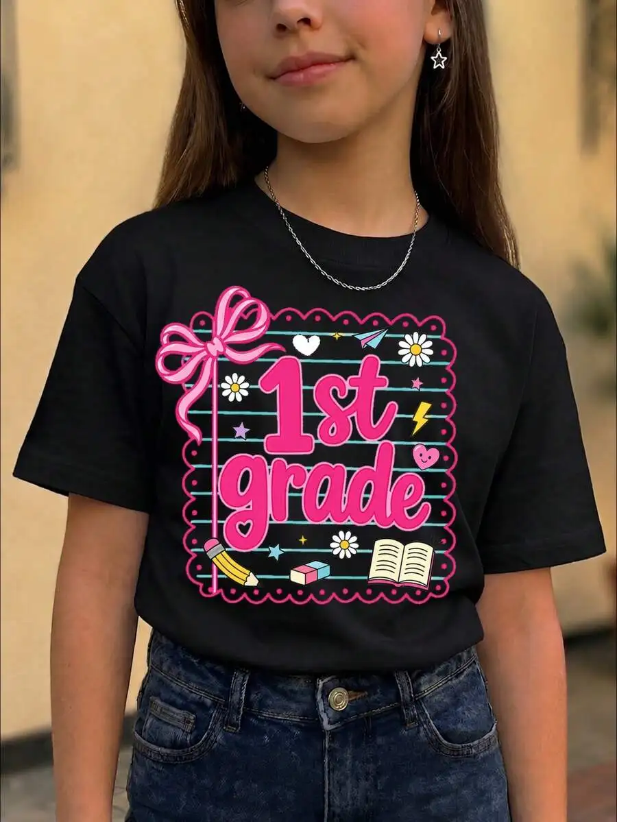 Girls 1st Grade Pink Bow Daisy Stationery Print Graphic Tee, First Day To School Cute Short Sleeve Casual Soft T-Shirt For First