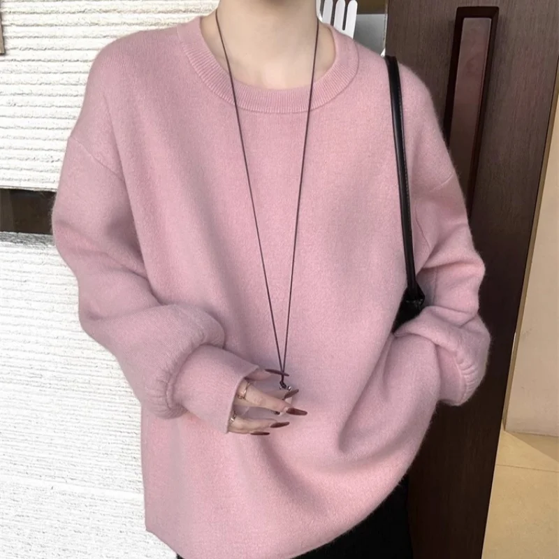 

Autumn and winter new 100% wool knitted pullover women's casual solid color round neck sweater loose hot selling women's top