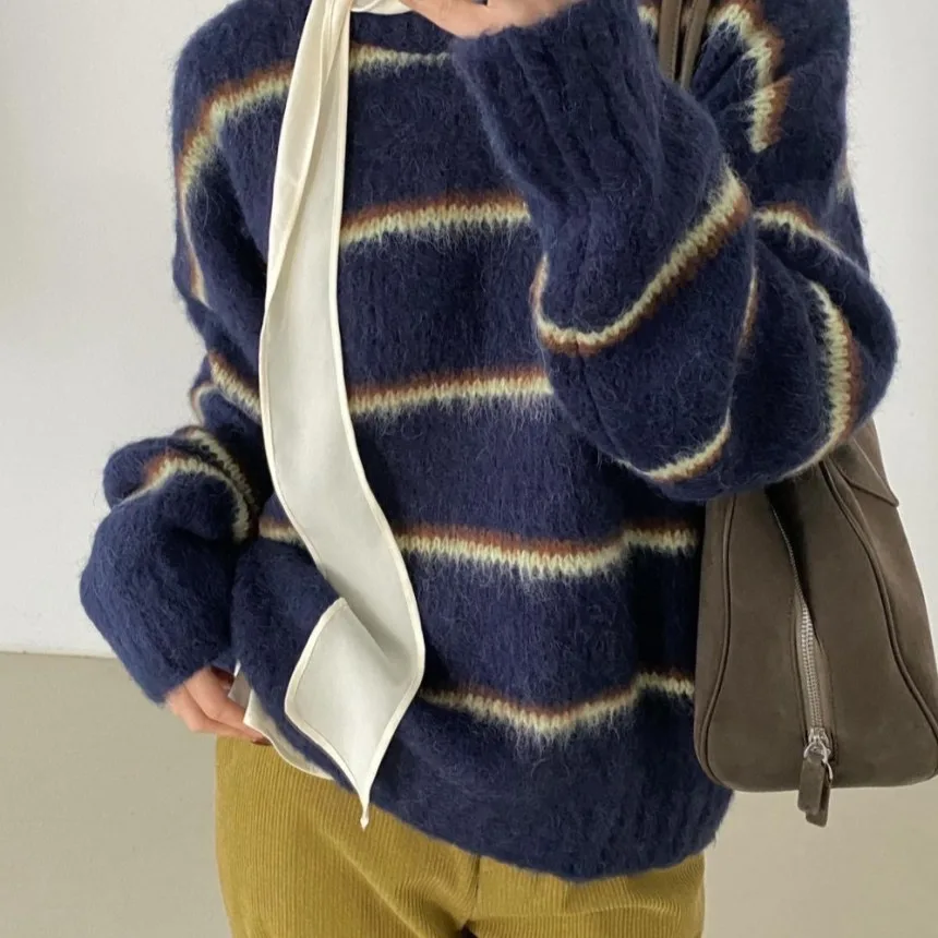 Korean Chic Versatile Design Bow Bottom Shirt Color Block Striped Sweater Women's Fashion Set Autumn Long Sleeve All Seasons