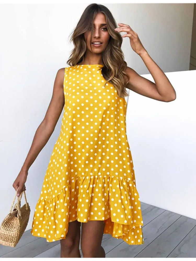 

Summer O-neck Sleeveless Dress Women Polka Dot Print Ruffles Mini Dress Casual Loose Beach Party Street Short Sundress Vestidos