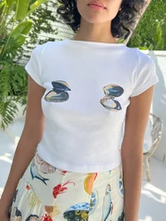 Y2k Women's Clothing Vintage Streetwear Fruit Cut Kawaii Casual Round Neck Short Sleeved T-Shirt Tight Fit Baby Tee bottom shirt