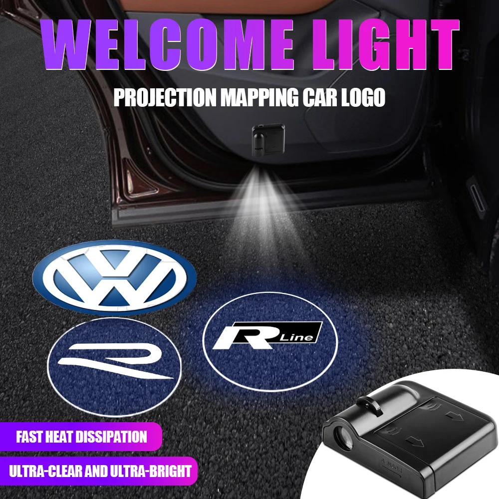 Lumière de bienvenue de porte de voiture à LED, budgétaire laser, insigne, lampe d\'emblème pour Volkswagen Rline R Golf Polo Beetle Passat Tiguan