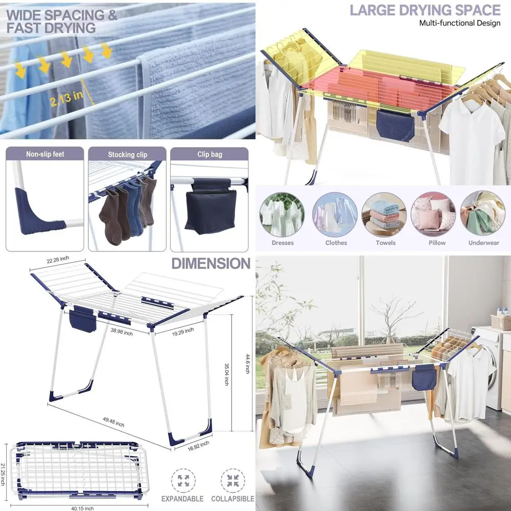 

Foldable Large-Space Drying Rack for Clothes, Towels, and Bedding with Sock Clips, Suitable for Indoor and Outdoor Use, White
