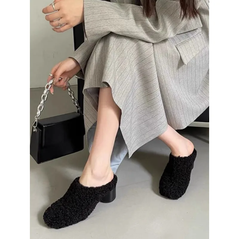 Fur Lambswool Heeled Slippers Woman Luxury Solid Color Horse Hair Round Toe Covered Toe Shoes Woman Designer Brand Casual Shoes