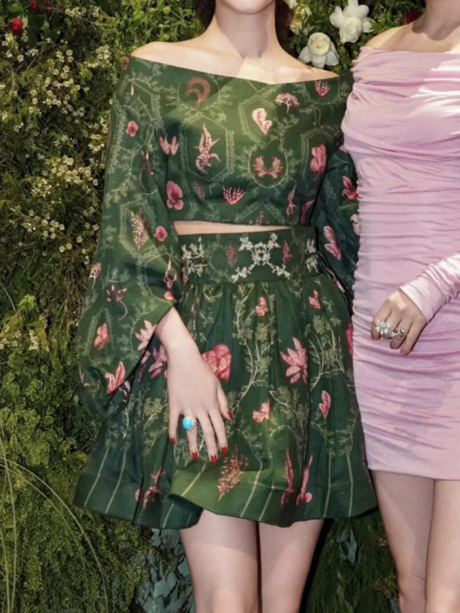

Flower Print Women's Green Skirt Suit 2025 New Slash Collar Lantern Sleeve Top + High Waist A-Line Mini Jupe Vintage Linen Set