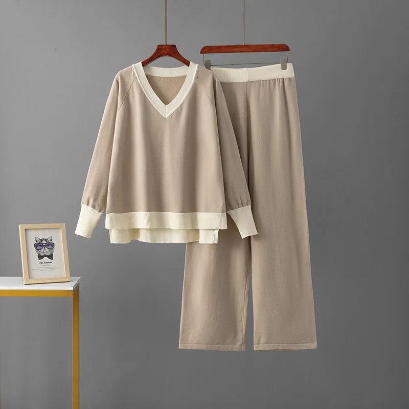 

Casual Loose V-neck Long Sleeve Pullover Sweater+Elastic Waist Pants 2-piece Sets New Knitted Wide Leg Pants Set Woman Clothing