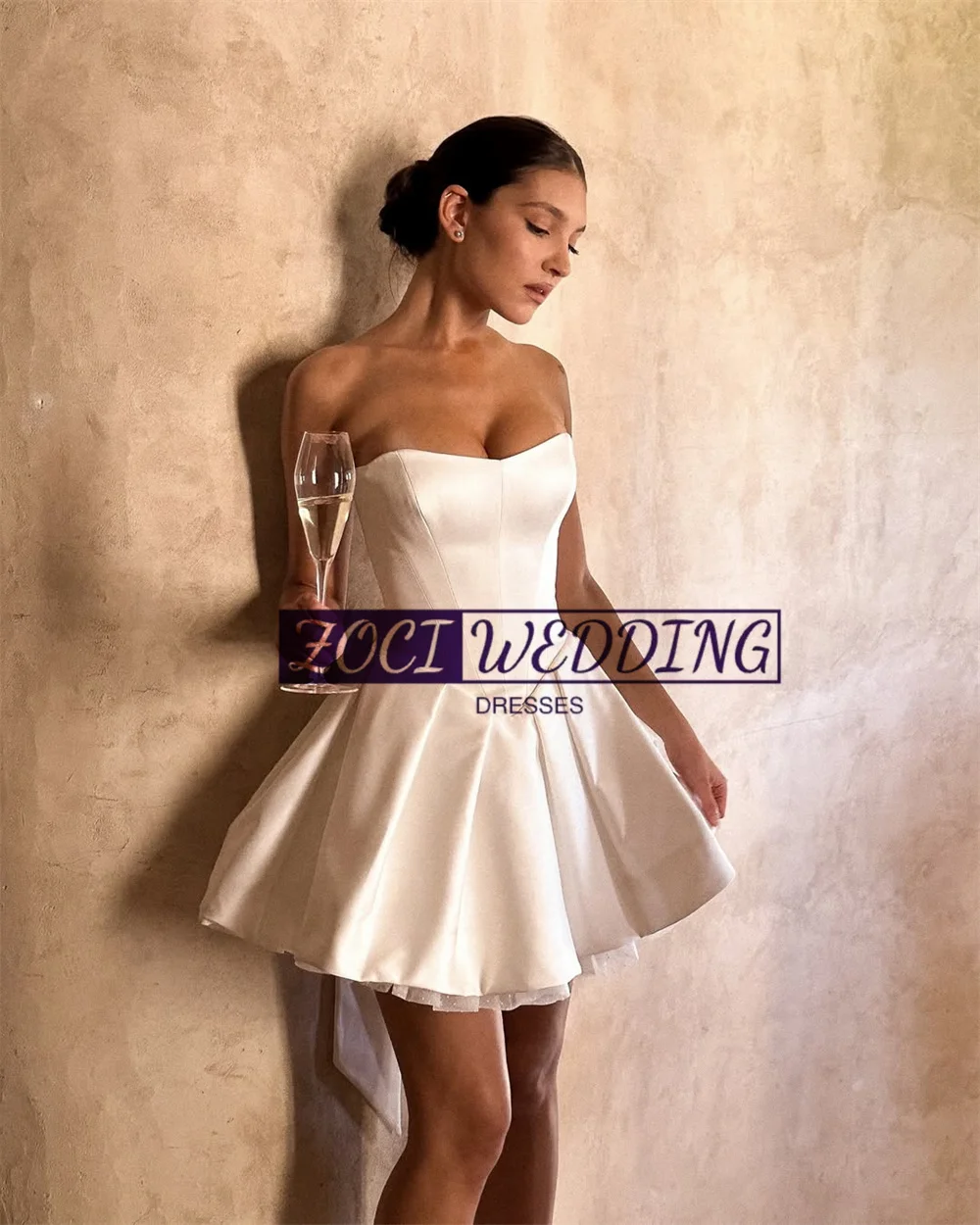 Zoci Elegant Strapless Short MIni Wedding Dresses Customized Draped Satin A Line Bride Dress Sleeveless Backless Bridal Gown image 3