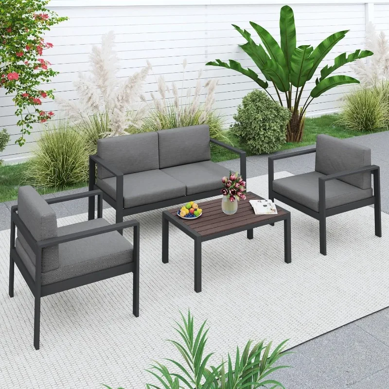 

Aluminum Patio Furniture Set ,4 Pcs Couch with Coffee Table Patio Conversation Sets Patio Sectional Chat Sofa with Cushions