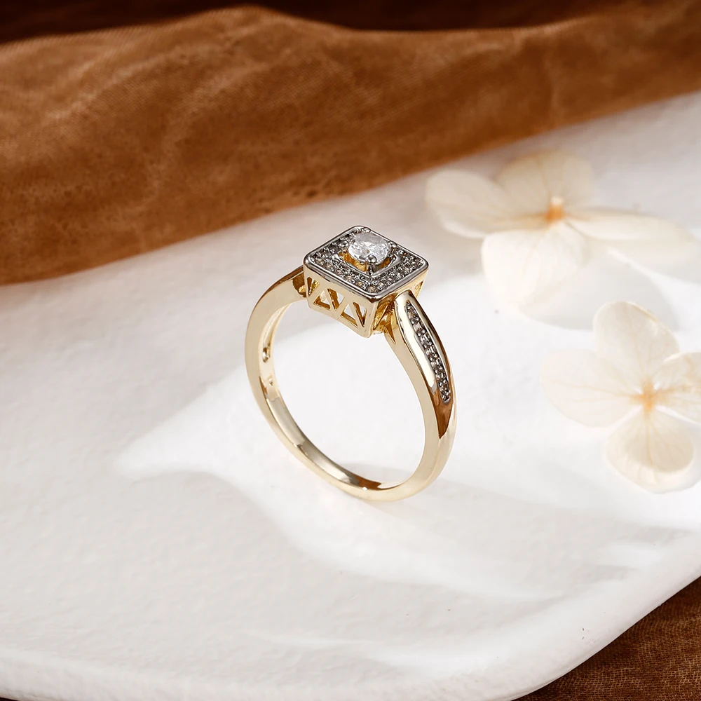 Quadratisches, doppellagiges Zirkon-Vintage-Ohrringe- und Ring-Set, kupferbeschichtet mit 14K Gold, modischer Schmuck für Bankette und Partys, luxuriöse Accessoires. – Detail 8