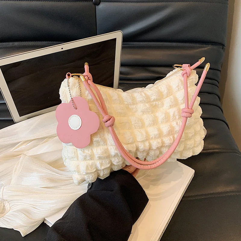 

Korean Soft Cloud Bubbles Handbags for Woman Girls Flower Pleated Cloud Underarm Bag Pouch Bag Casual Shoulder Bag Cute Purse