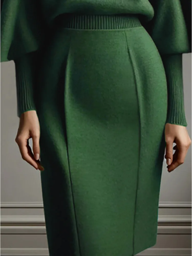 

Freeacy 2025 New Solid Green Knitted Skirt High Waist Slim Fit Knee Length Skirt Spring and Autumn Party Wear Bottoms for Women