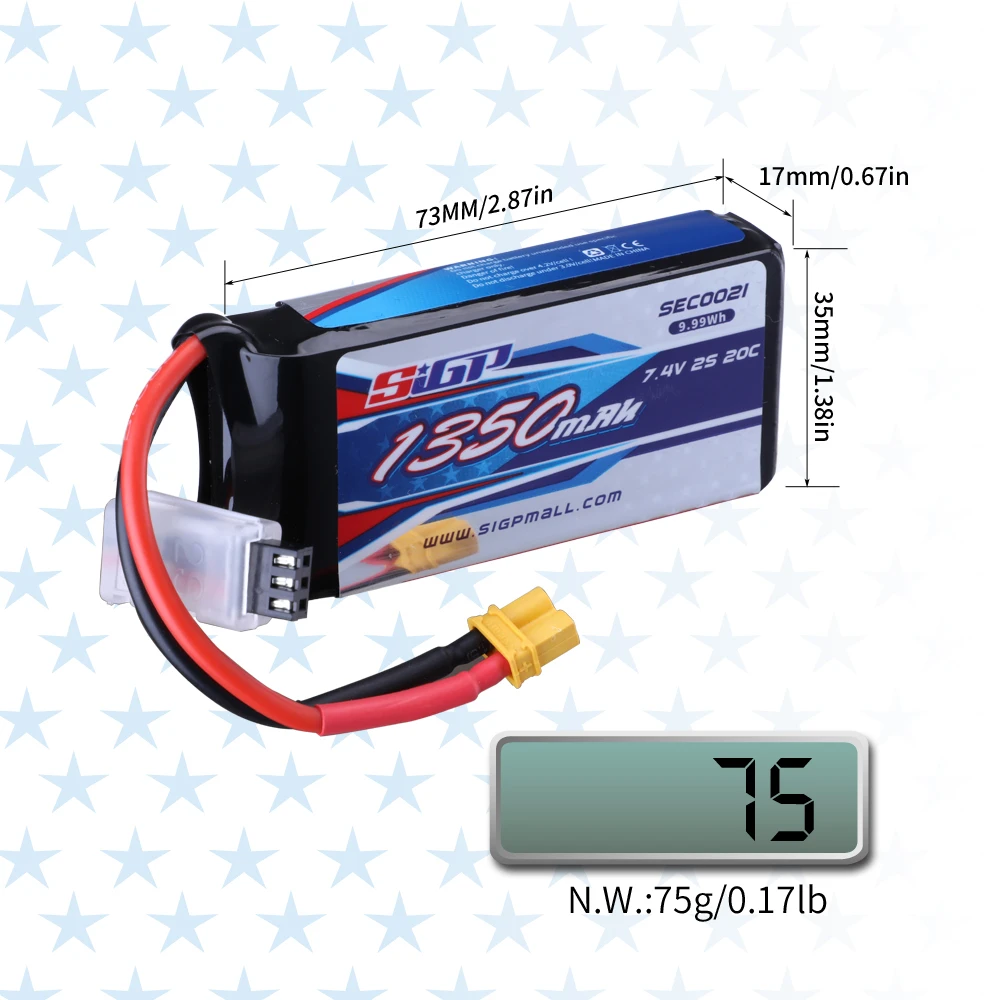 SIGP 2S Lipo Battery for 900mAh 1050mAh 1350mAh 7.4V 20C 25C with JST XT30 Plug RC Airplane Quadcopter Helicopter Drone FPV 2pc