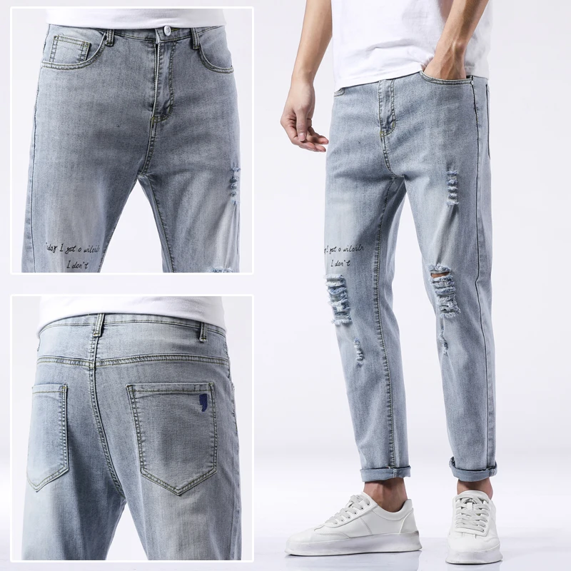 

Spring and Summer Men's Ripped Jeans Ankle-length Pencil Pants Men Fashion Jeans Male Hip-Hop Trousers Clothes Clothing 3016