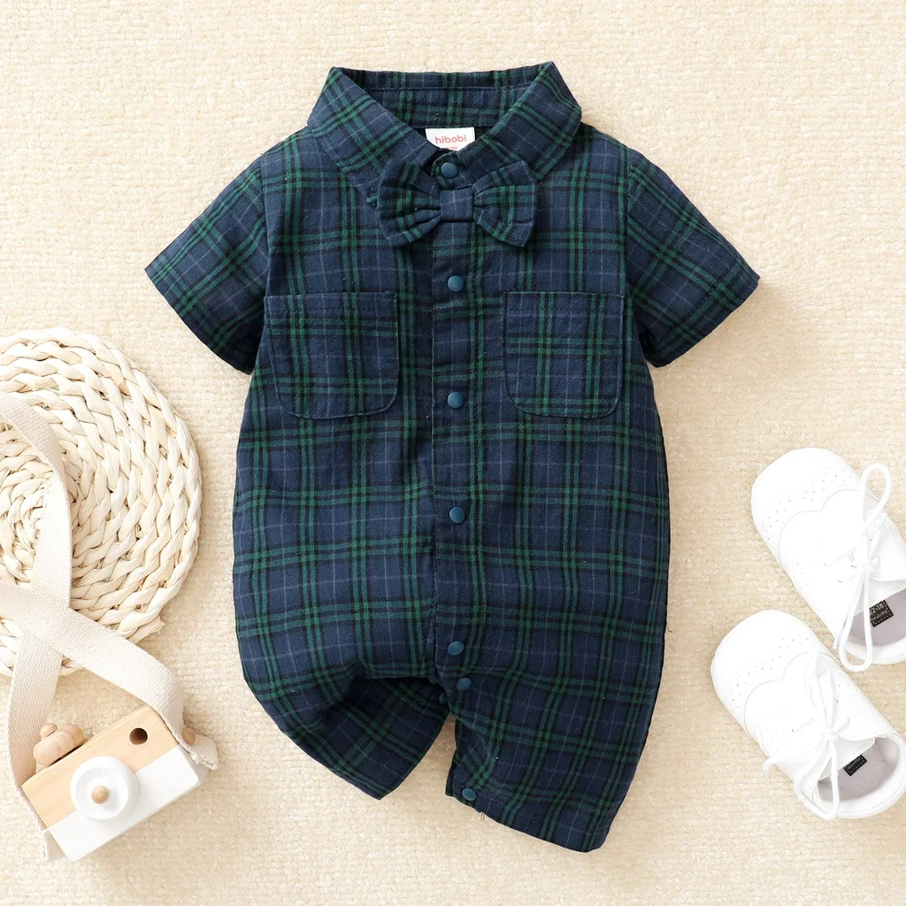 Baby Boy Jumpsuit Lapel Bow Checkered Short Sleeve Little Gentleman Jumpsuit for 0-18 Months Baby Boy Summer Fashion Clothing