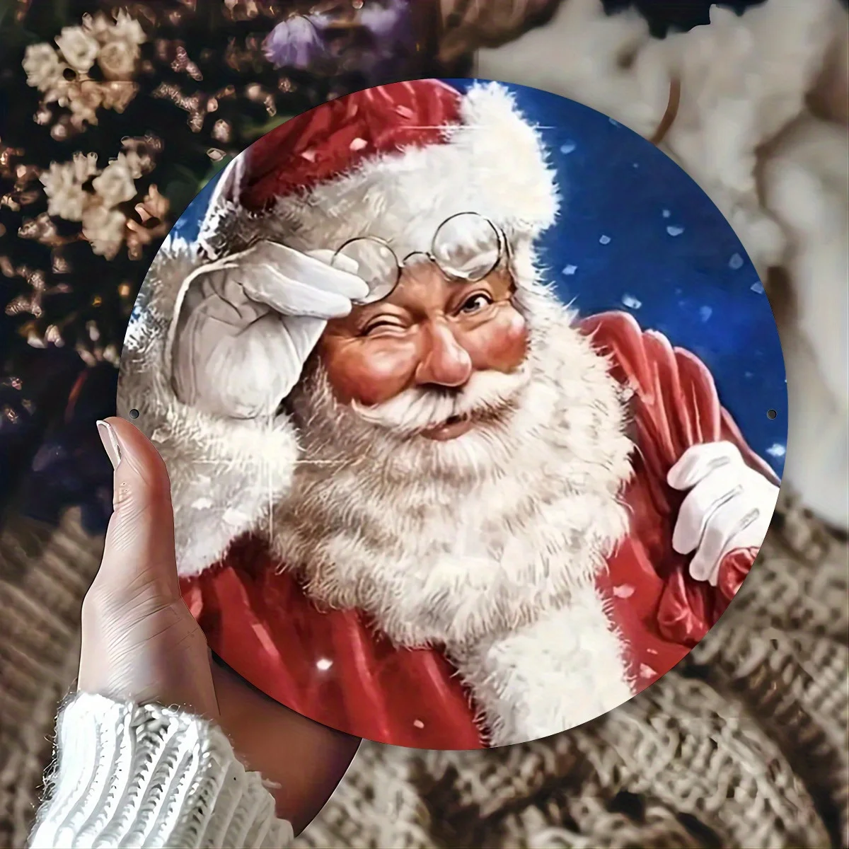 2D Flat, 1pc Vintage Santa Claus with Glasses Round Metal Wall Art - Festive Indoor/Outdoor Decor for Home, Kitchen, Garden, Por