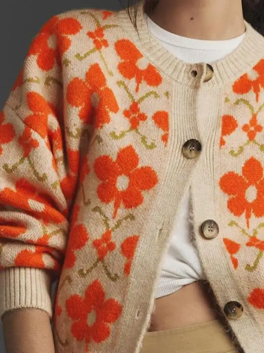 Otoño Invierno nuevo cárdigan, chaqueta suéter Jacquard Floral para mujer, elegante manga larga abotonada, ajuste suelto versátil