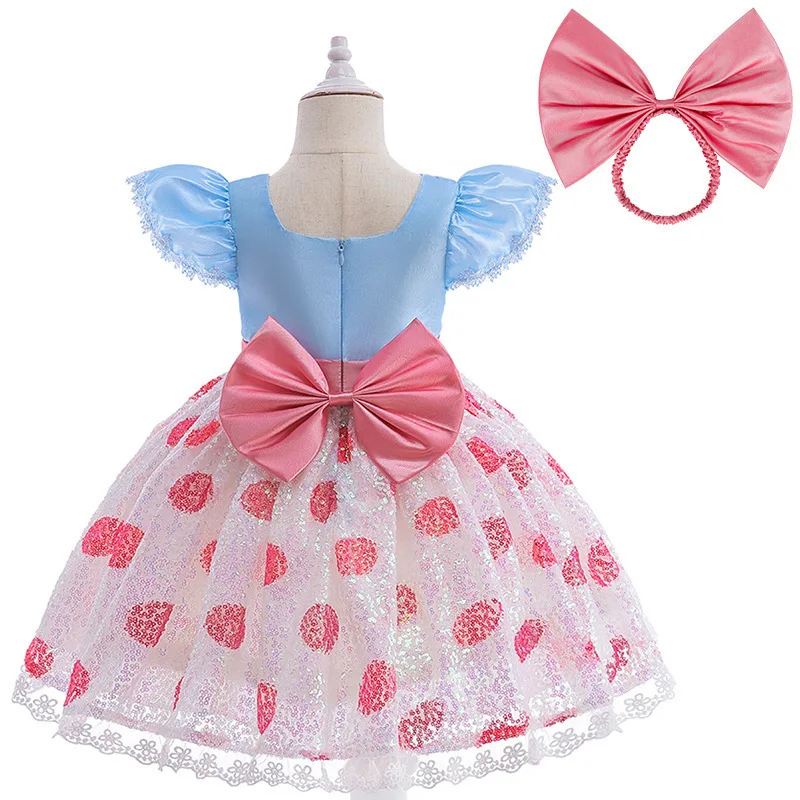 Inspiriert von Toy Kids Blaues Prinzessinnenkleid mit Ärmeln, Rosa Pailletten-Tüllkleid mit Schleifen-Haarband, Mädchen-Geburtstags-Cosplay-Kostüm, Bopeep-Kostüm – Detail 3