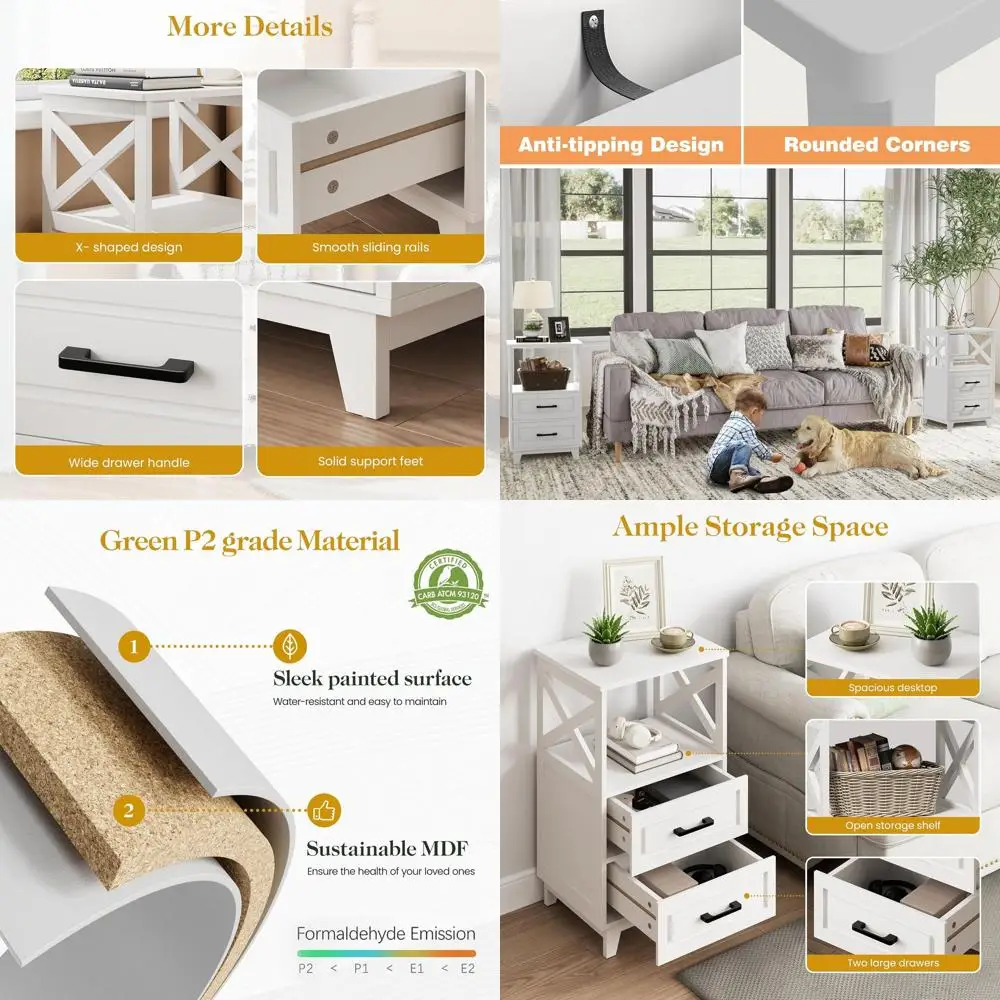 

Contemporary White Nightstand with 2 Drawers and Open Shelf, Dual-Function Side Table for Bedroom and Home Office