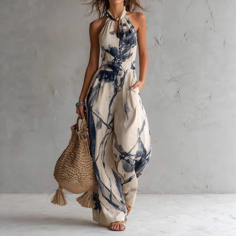 Women's Vintage Watercolor Print Halter Jumpsuit Elegant Fashionable Sleeveless High Waist Loose Romper Summer Vacation Jumpsuit