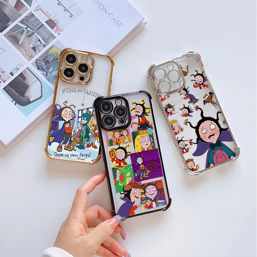 Cartoon M-Mona the Vampire For iPhone 16 12 13 14 15 Pro Max Plus Color Electroplate Four Corner Anti-drop Color Cover