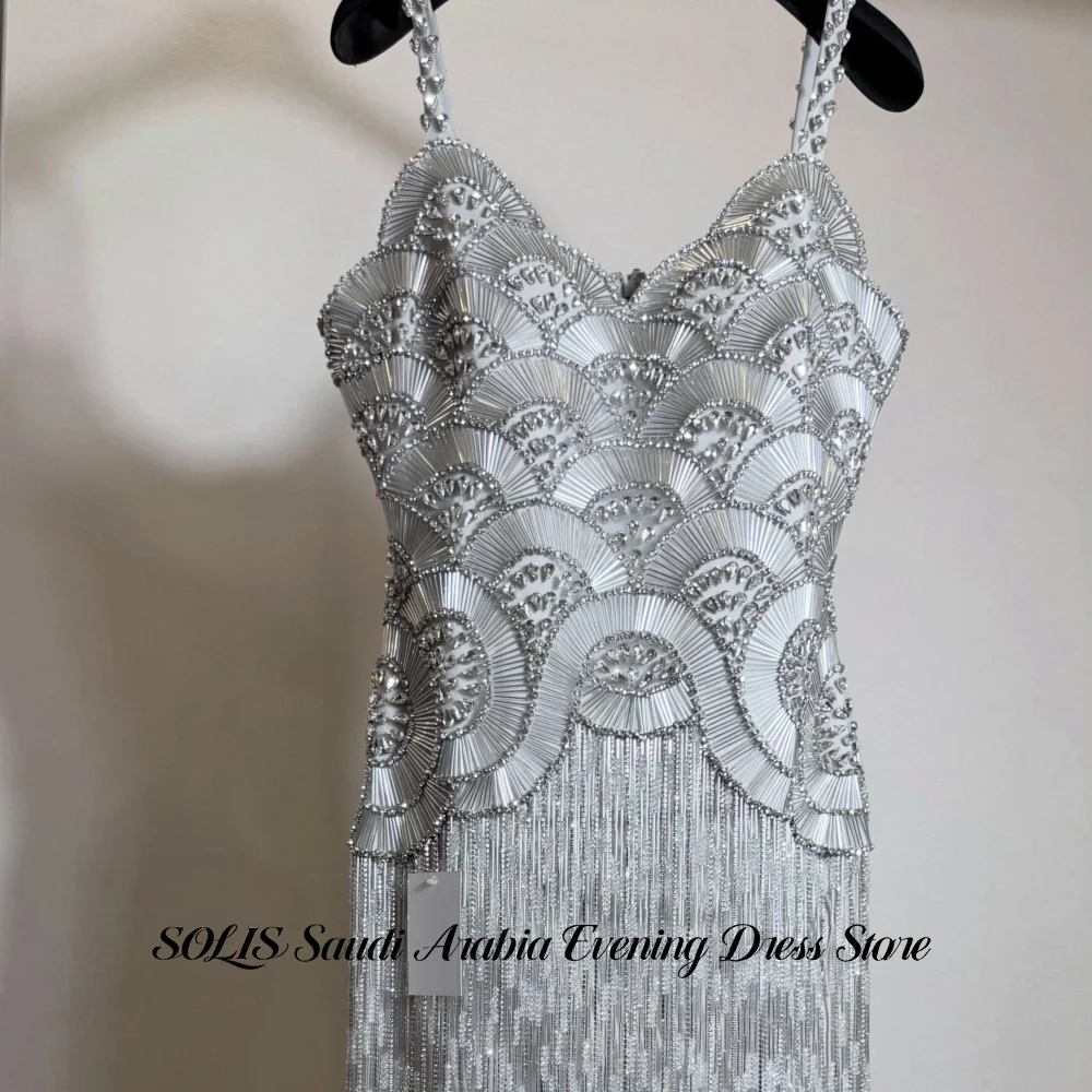 SOLIS Premium Silver Spaghetti Strap Evening Dress Beaded Prom Gown Sweetheart Fringe Long Slim Evening Party Dresses Customized