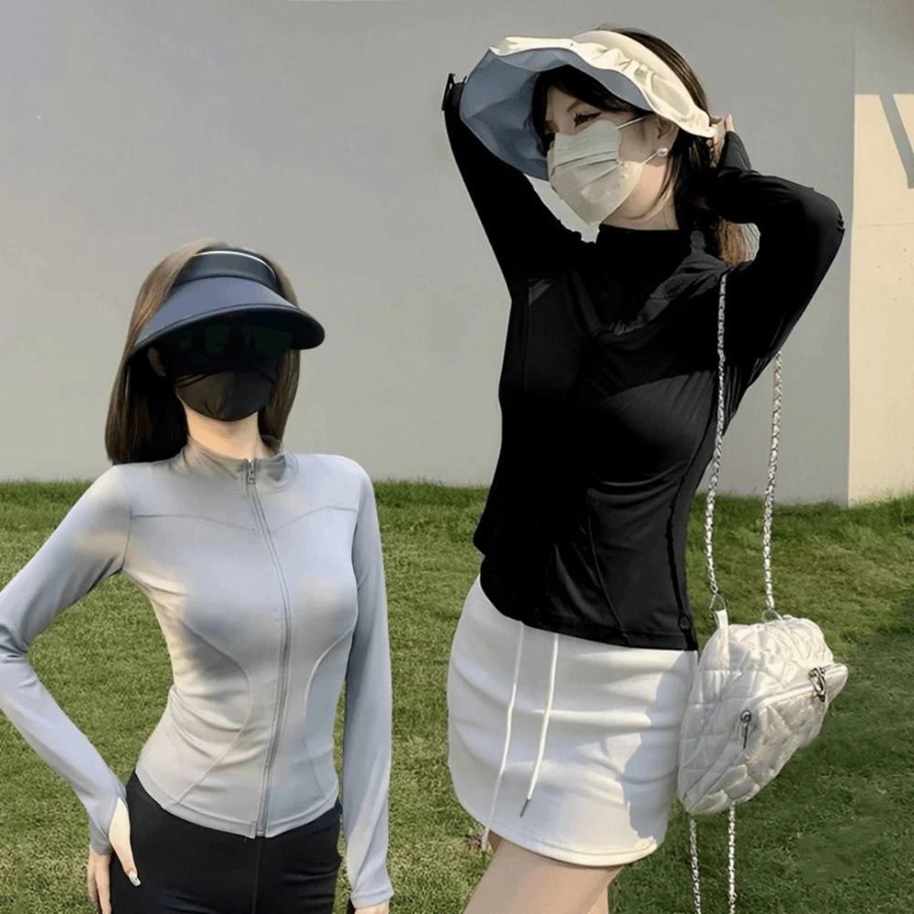 패션 아이스 실크 자외선 차단 탑 여성 스탠드 칼라 긴팔 속건 스웨트셔츠 얇은 자외선 차단 아웃도어 재킷