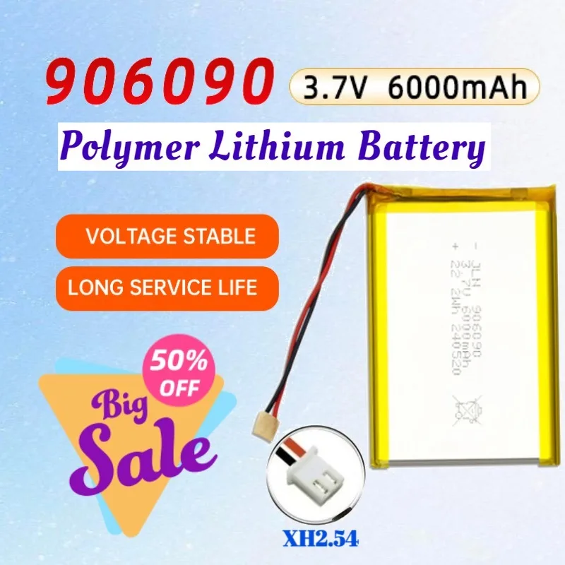 

Аккумулятор литий-полимерный XH2.54 3.7V 6000mAh 906090 для светодиодных ламп, повербанков, игрушек и портативных устройств