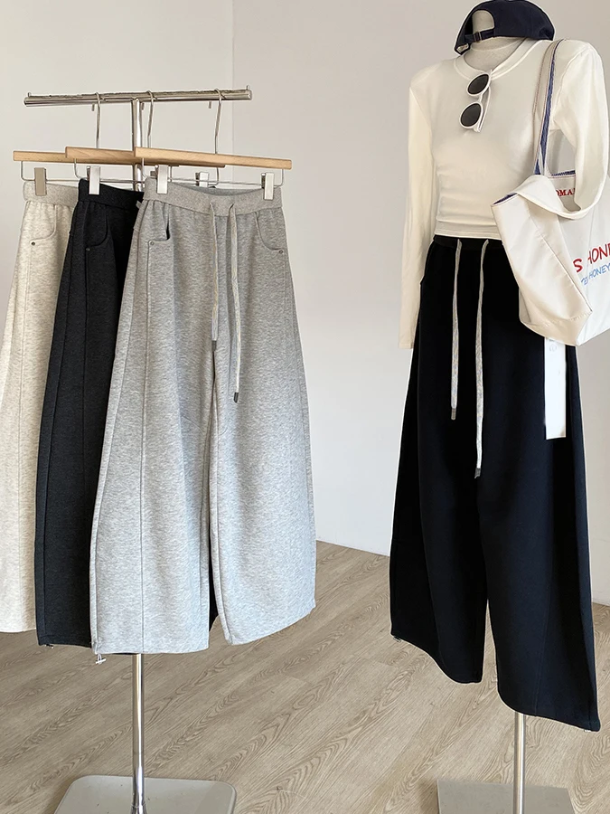 

Модные свободные женские повседневные брюки с высокой талией, эластичным поясом и дизайнерским вырезом, больших размеров, для зимы, элегантные, стройнящие