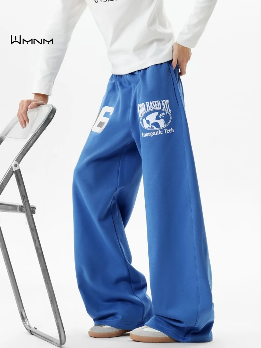 

American Sle Loose Fit Spor Blue Letter Print Men's Casual Straight Leg Wide Leg Pants Autumn Spring Faion Trousers