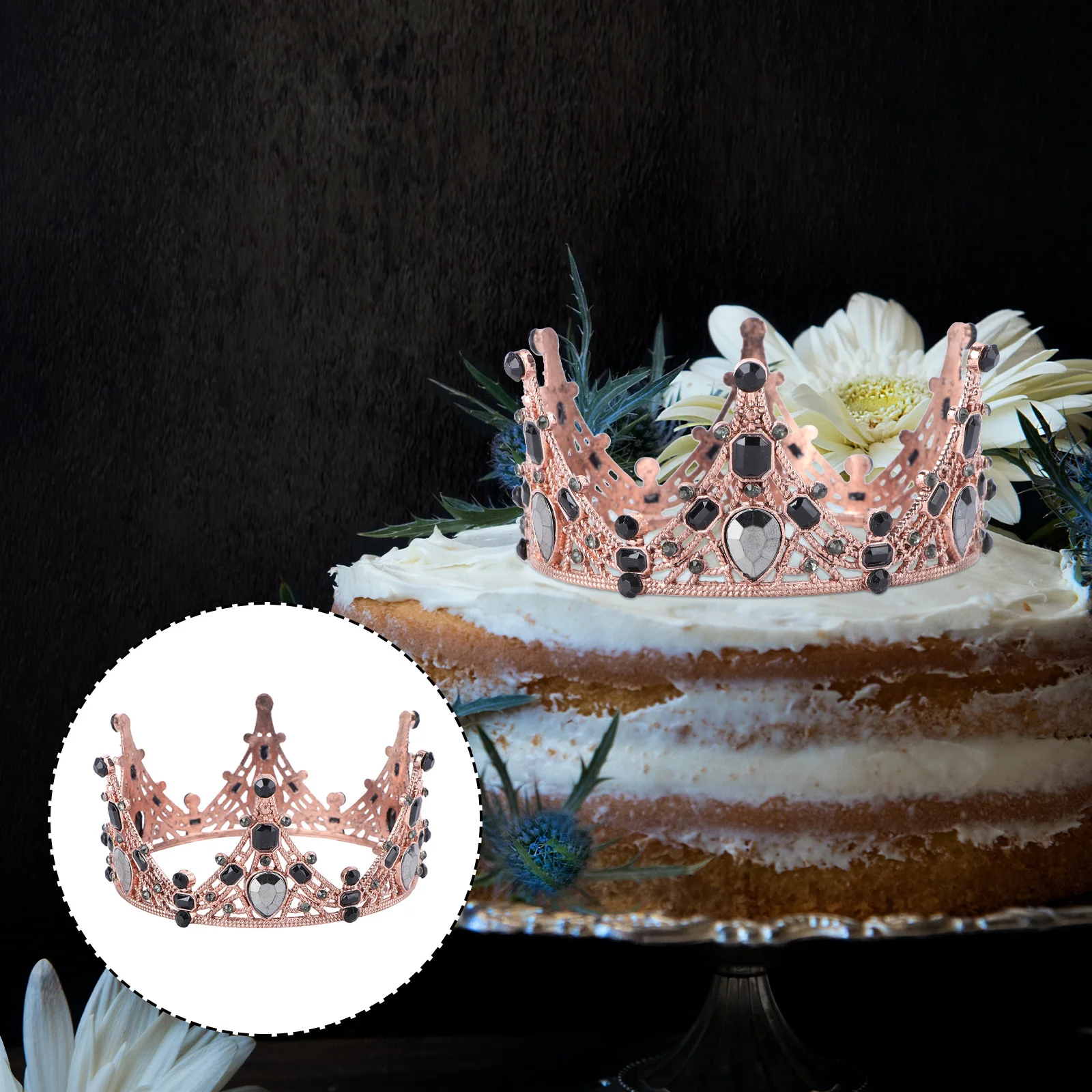 

Cake Crown Diamond Ornament Black Gold Durable Metal Wedding Bridal Shower Birthday Cake Crown Topper Decoration