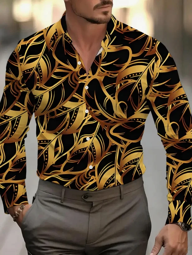 Men'S Elegant Casual Shirt - Black with Abstract Green Graphic Print, Long Sleeve Button-Up,  Machine Washable,