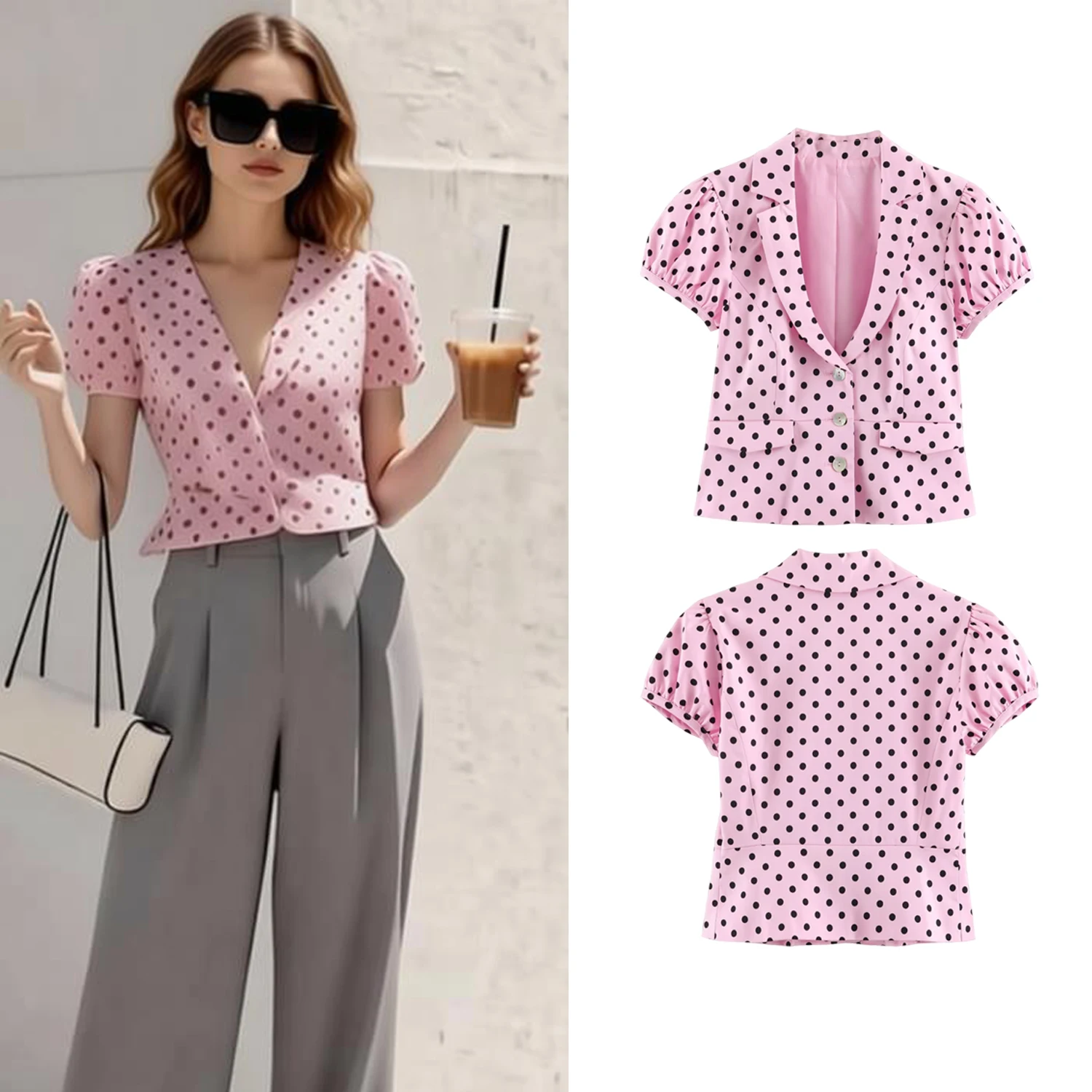 Women's Polka Dot Bubble Sleeve Short Sleeve Jacket Casual Chic Streetwear Summer Outerwear Fashion Lady Coats