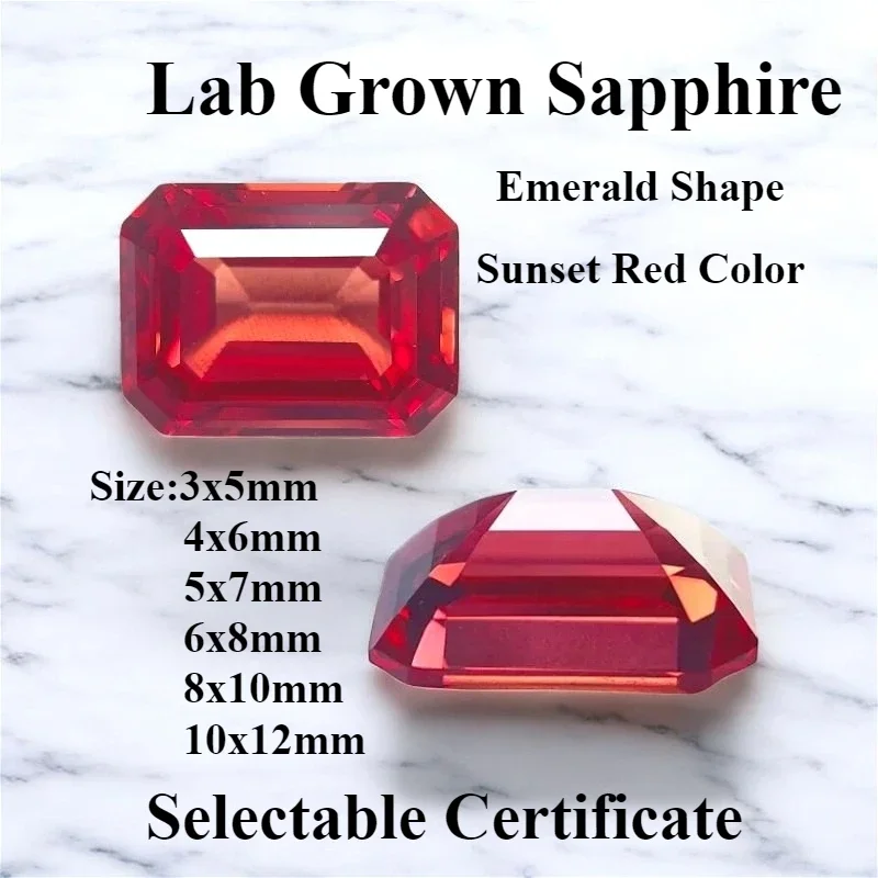 

Lab Grown Sapphire Sunset Red Color Emerald Cut Charms Gemstone for Jewelry Ring Making Main Materials Selectable Certificate